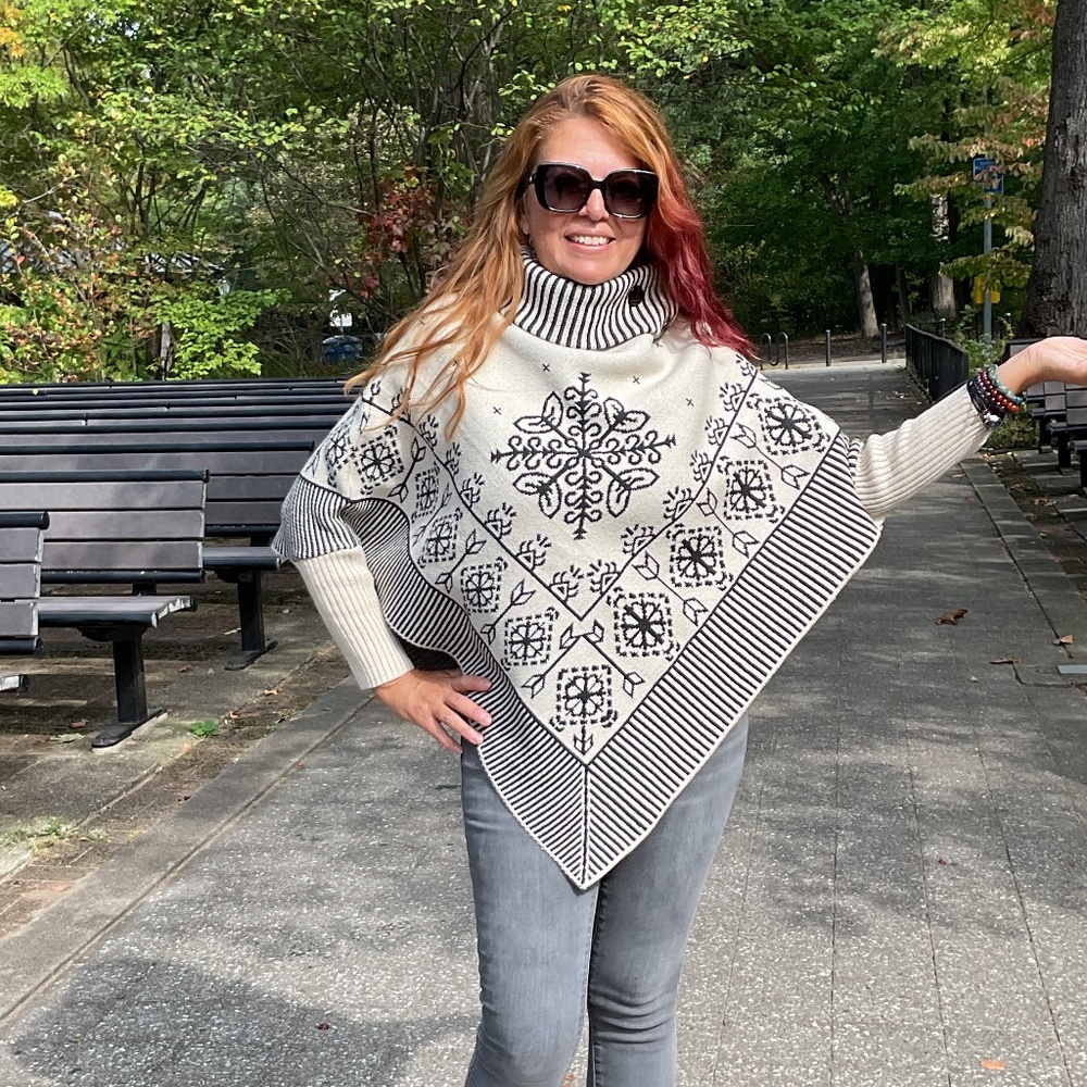 Handmade wool blend poncho, high neck boho geometric design one size